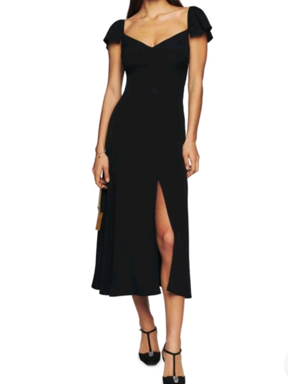 Reformation Baxley Flutter Sleeve Midi Dress in Black - Size 8